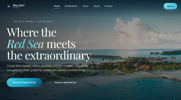 تطوير منصة Blue Reef Tours السياحية المتكاملة لعرض وحجز الرحلات وإدارة البرامج السياحية والحجوزات الإلكترونية